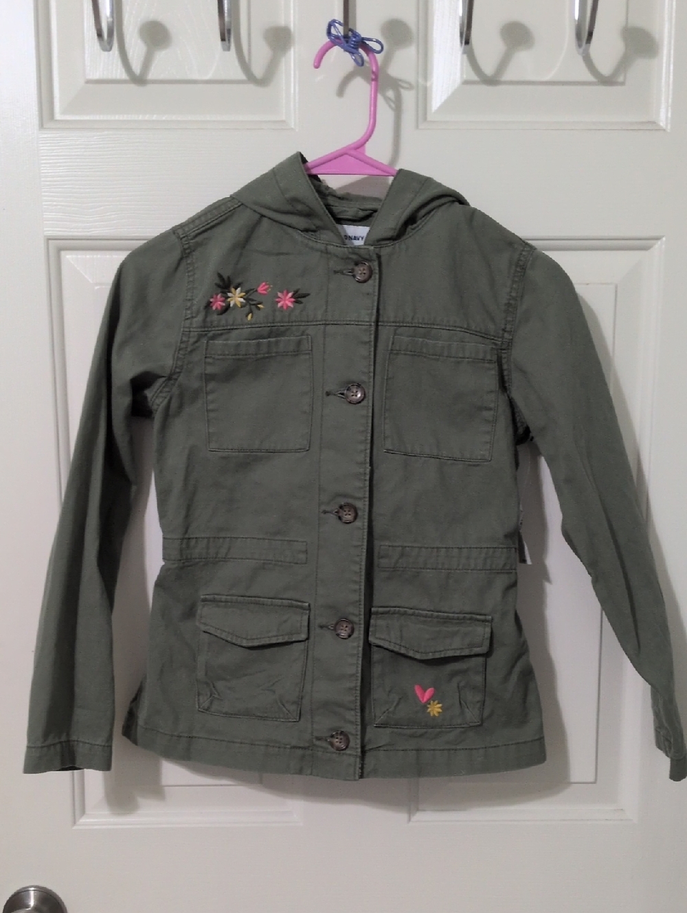 Old Navy Olive Green Hooded Utility Jacket with Floral Accents